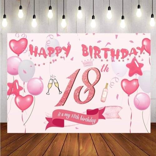 18th Photography Backdrop Girls Happy Birthday Papty Pink Balloon Photo Studio Background Decor Banner Prop