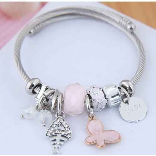 Korea Stainless Steel Adjustable Size Butterfly Bracelets Folk-custom DIY High Quality Beaded Crystal Steel Wire Bangles