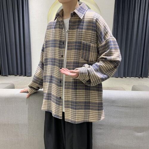 Mens Woolen Jackets Streetwear Hip Hop Plaid Turn-down Collar Coats Korean Style Oversized Harajuku Vintage Varsity Jacket Top