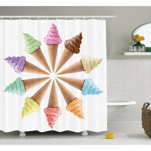 Ice Cream Decor Shower Curtain Cones with Various Flavors Forming a Stylish Row Summer Season Picture Home Decor Bath Curtains