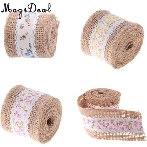 MagiDeal 2 Meter 5cm Hessian Ribbon Jute Tape Rolls with Printed Flower Vintage Wedding Decoration DIY Craft Ornament