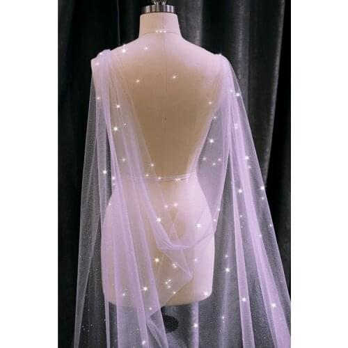 Ivory Sparkly Starry Tulle Bridal Cape Veil Wedding Shoulder Veils with Comb Shining Silver Flakes Cathedral Long Accessories