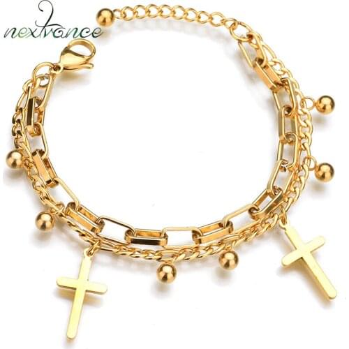Nextvance Gold Cross Beads Charm Bracelet Adjust Length Religious Bracelets for Male Female Gift Catholic Pulseras Mujer