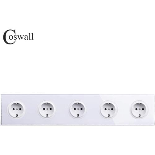 Coswall Crystal Tempered Pure Glass Panel 16A 5 Way EU Standard Wall Power Socket Outlet Grounded With Child Protective Lock
