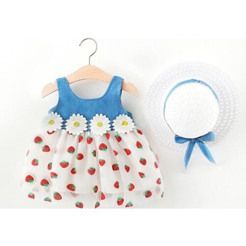 Baby Girls Dresses With Hat 2pcs Clothes Sets Kids Clothes Baby Sleeveless Birthday Party Princess Dress Print Floral