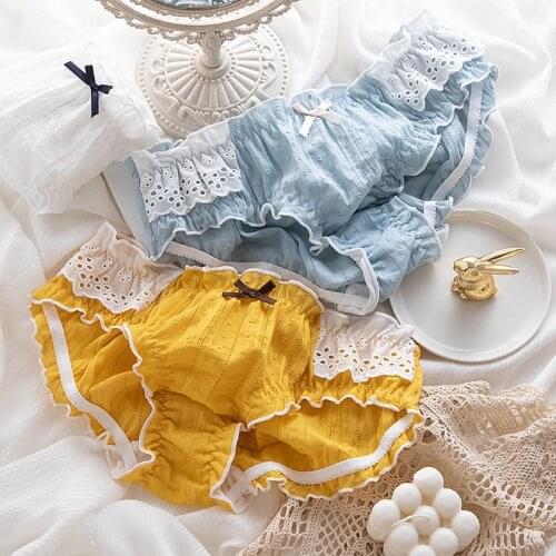 4-color Pure Cotton Briefs Japanese Hollow Low Waist Sexy Ladies Lace-side Retro Shorts Trend Stitching Student Cute Blue Kawaii