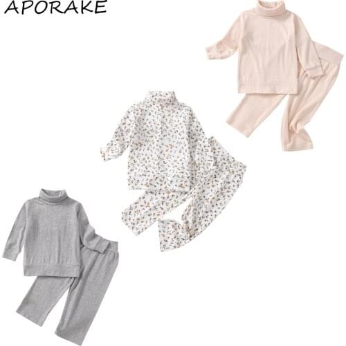 2021 0-5Y Cute Kids Baby Girl Clothes Set Spring Autumn Solid Color/Floral Print Turtleneck Long Sleeve Pullovers Top+Pants 2pcs