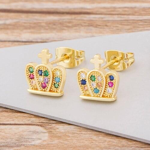Fashion Jewelry Crown Women Classic Shining Zircon Small Stud Earrings Gold Color Ears Stud For Crystal Earrings Gift Wholesale