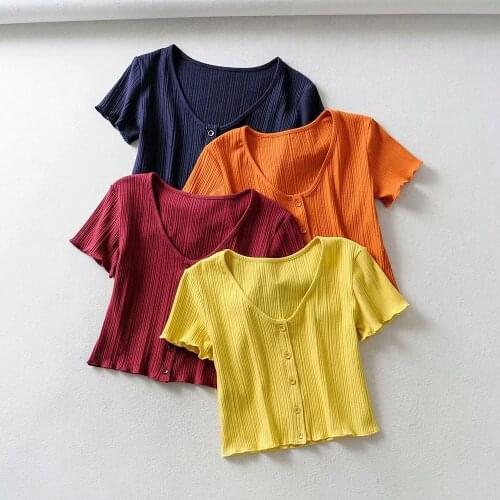 2020 Summer Women Sexy Ribbed knitted Short Sleeve tshirt O-Neck Buttons T Shirts Female Stretchy Tee Party Tight Slim Ctop Tops