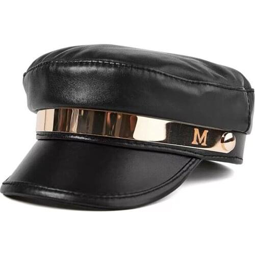 Mengyumian Women Genuine Leather Military Hat Cap 2020 New Style Girls Real Sheepskin Student School Caps Hats Free Shipping