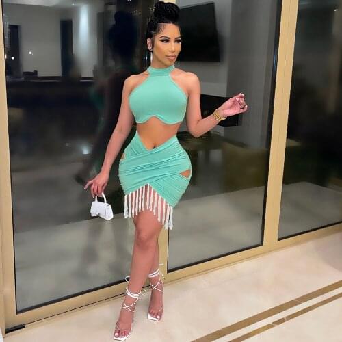 2021 New Arrival Fashion Design 2 pcs Women Set Solid Tassel O-Neck Sleeveless Short Tops Mini Dress Summer Sexy Club Outfits