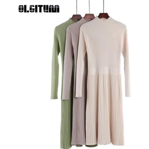 Women 2020 New Turtleneck Slim Long Sweater Dress Waist Slim A-line Casual Sweater Knit Dress for Female