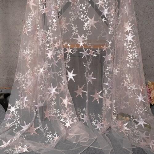 1Meter Black Pink Stars Embroidered Tulle Mesh Lace Fabric For Womens Dresses/Evening Dresses Wedding Decoration Lace Fabrics
