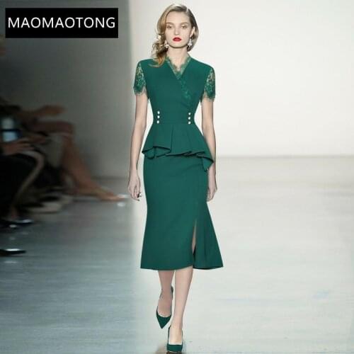 Fashion Runway Designer Summer Party Mermaid Dress Women Lace Short Sleeve Ruffles Slim Midi Green Dresses