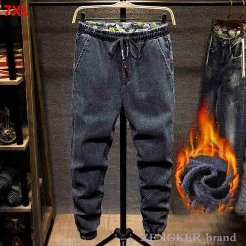 Winter plus velvet Harlan jeans 7XL 6XL mens youth drawstring trousers mens casual trousers tide men jeans pants slim fit