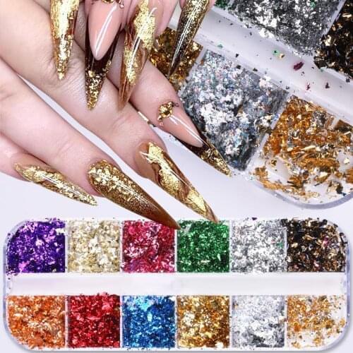 12 Color Gold Foils Gorgeous Nails Glitter Aluminum Flakes Paillette Chip Nail Design Gold Silver Nail Foils Sticker 3D Nail Dec