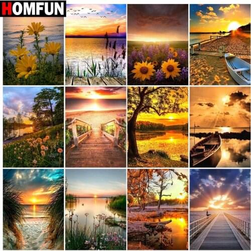 HOMFUN Diamond painting "Beach sea sunset" Full Square/Round Drill Wall Decor Inlaid Resin Embroidery Craft Cross stitch