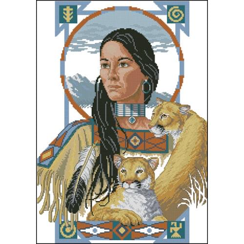 Top Quality Beautiful Lovely Counted Cross Stitch Kit Noble Reflections Indian Lady Woman Girl and Leopards Tiger dim 13633