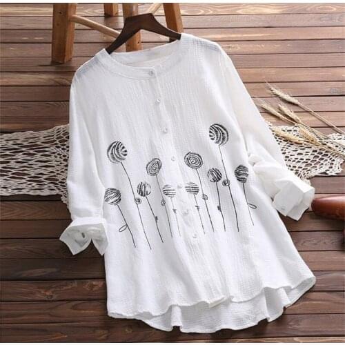 Floral Embroidery Button Womens Shirt Top White Plus Size 5XL Long Sleeve Feminine 2019 Vintage Summer Lady Tops Clothes