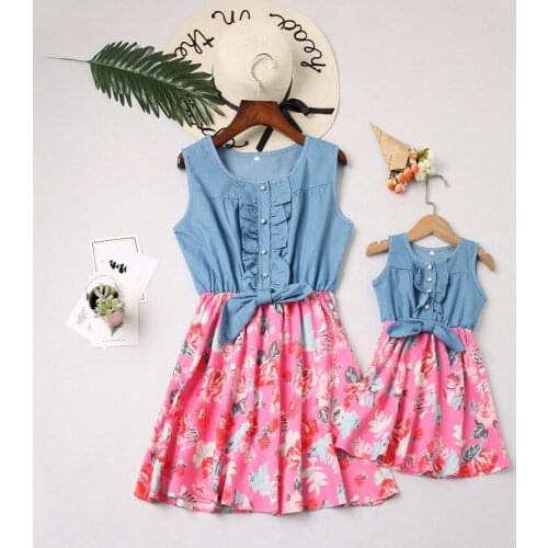 Mommy Daughter Matching Clothes Denim Floral Dress Mother Daughter Stitching Family Clothing Girls Clothes Kids Dressesfor Girl