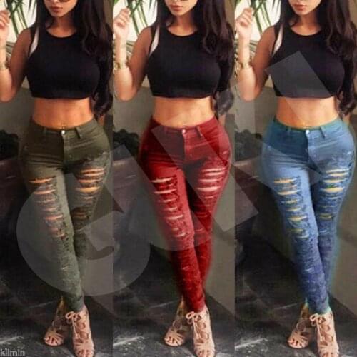 Denim Pant Ripped Jeans Skinny Hole High Waist Stretch Slim Pencil Women Fashion
