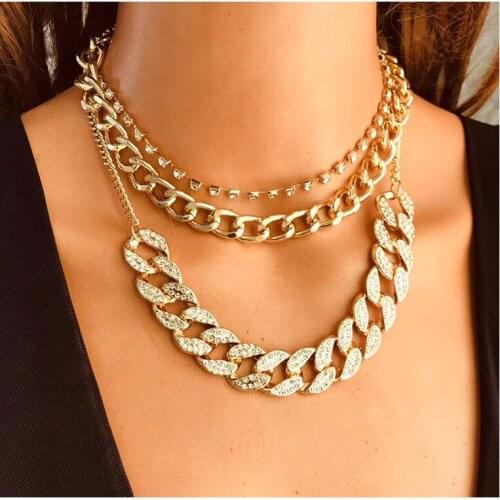 HaHaGirl Fashion Multi Layer Rhinestone Cuban Choker Necklace For women Bling Gold Color Chain Necklaces Collier Jewelry Gift