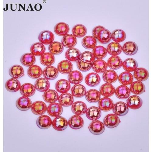 JUNAO 10mm Red AB Pearl Rhinestones Acrylic Crystal Round Flatback Gems Scrapbook Beads Non Sewing Strass for DIY Crafts