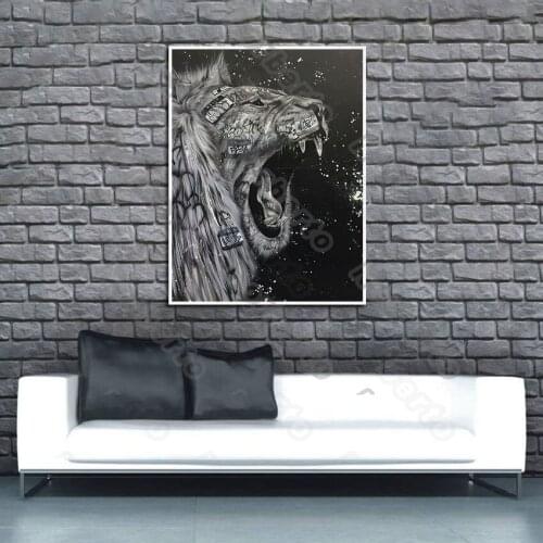 Animals Canvas Painting Poster Print Abstract Art Lion with A Big Mouth Quote Hello Love for Living Room Bedroom Wall Decoration