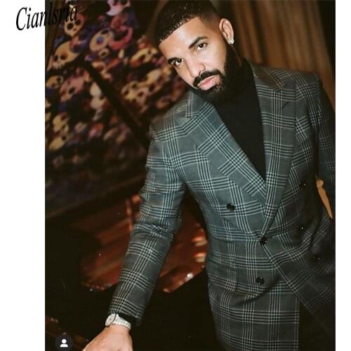 Classic Check Mens Tuxedos Slim Fit Double Breasted Men Business Pants Suit Tailored Prom Party Wedding Suits (Jacket+Pants)