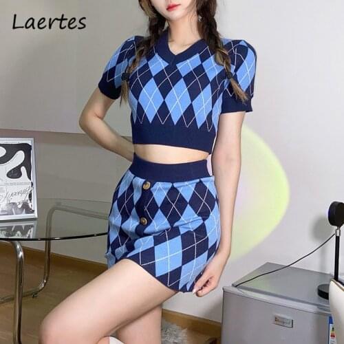 Laertes Button Two Piece Sets Plait Print Short Sleeve V Neck Crop Tops Elegant For Women Skirt 2021 Clothing Sets
