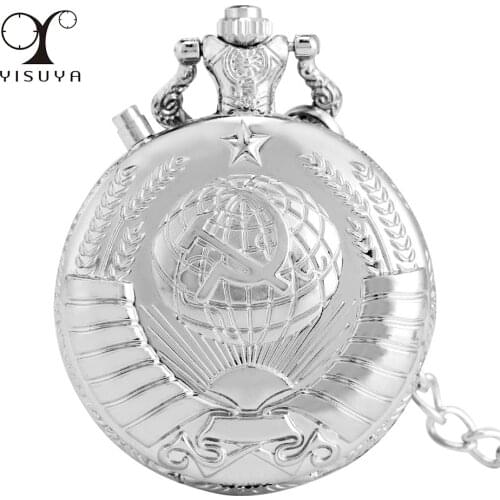 Creative Led Lights Design Quartz Pocket Watch Silver Full Hunter Hammer and Sickle Communism Antique Pendant Pocket Clock Gift