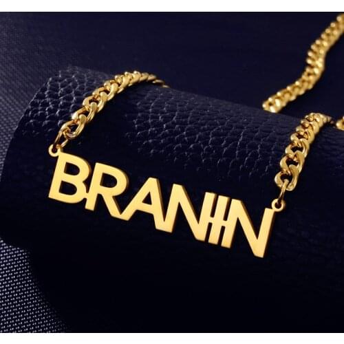 Stainless Steel Nameplate Letter Pendant & Necklace Custom Name Gold Color 5mm Cuban Chain Choker Necklaces Men Women Hip Hop