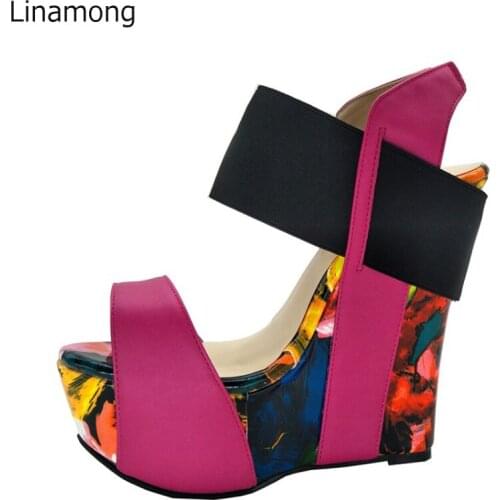Summer Sexy Super Floral Platform Wedge High Heels Sandals Faux Suede Patchwork Thick Band Woman Beach Bohemia Dress Shoes