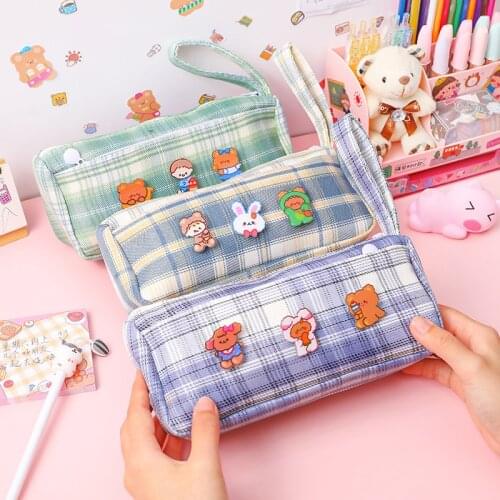 Sweet And Lovely Plaid Pattern Pencil Case Kawaii Pencil Bag Funny Pencilcase Cartoon Students School Supplies Cute Stationery