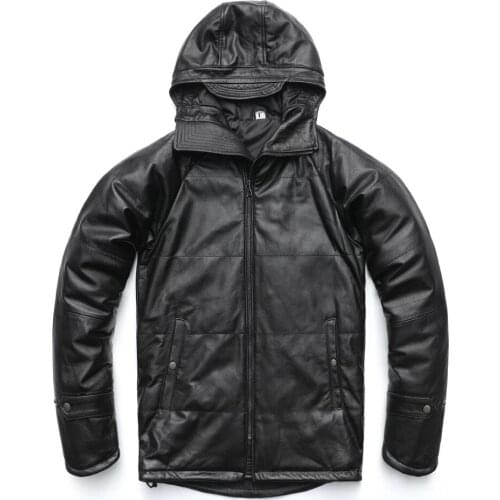 Mens Genuine Leather Jacket Hooded Leather Jacket Mens Motorcycle Wear Motorcycle Suit Cover