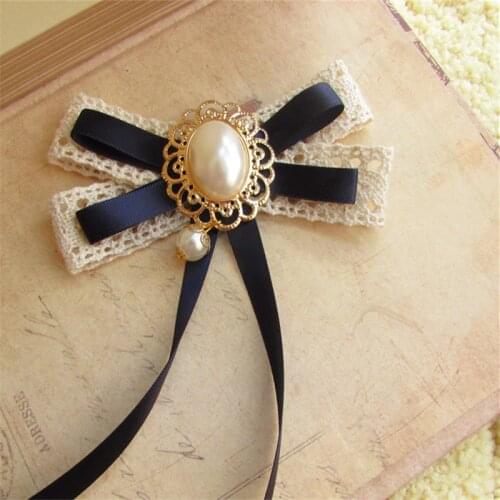 New Vintage Woman Brooches Pins Long Ribbon Tassel Big Lace Bowknot Simulated Pearl Shirts Accessories Fashion Jewelry