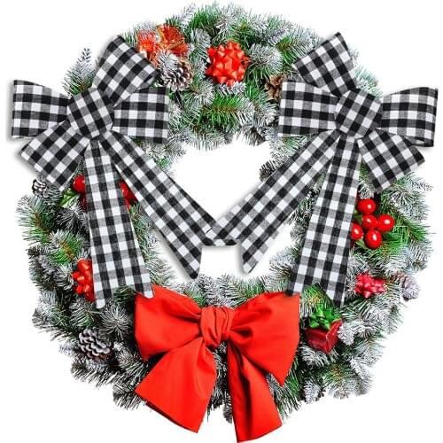 Hot Newewt Plaid Christmas Wreath Bow Decoration Festival Tree Top Hat Arch Front Door Wreath Christmas Decorations