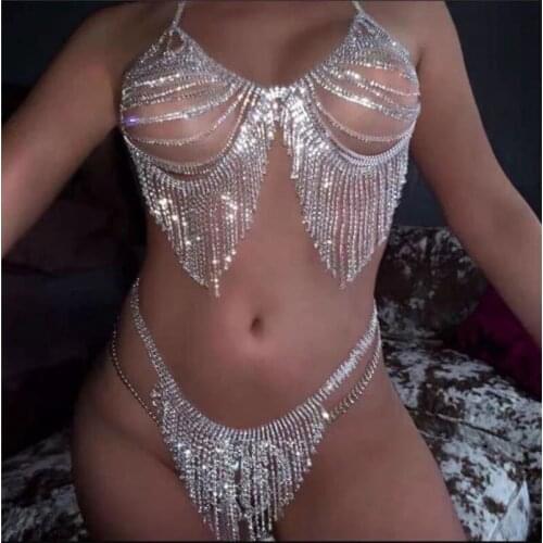 Tassel Rhinestone Sexy Lingerie Body Chain Bra and Thong for Women Bling Bikini Set Crystal Cover Up Harness Jewelry Nightclub