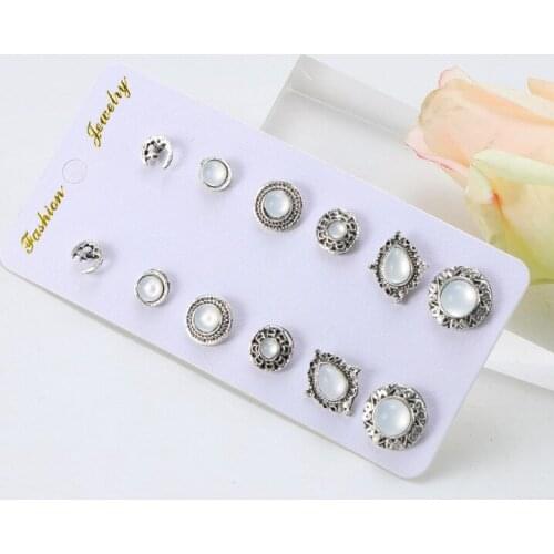New Fashion Round Alloy Inlaid Opal 6 Pairs Earring For Women Simple Retro Small Metal Stud Jewelry Wholesale