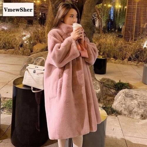 Vmewsher New Faux Fur Coat Women Long Soft Artificial Rabbit Hair Jacket Padded Lined Thick Warm Overcoat Lady Elegant Outwear