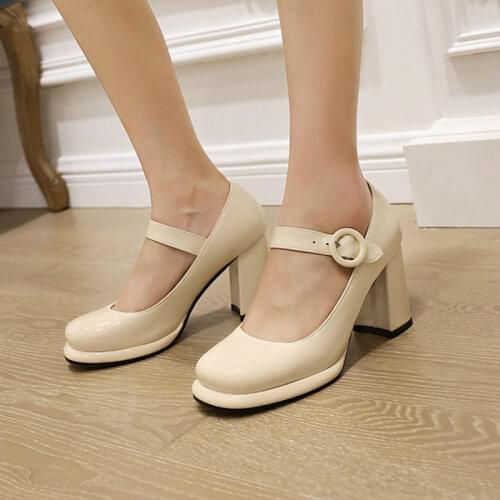 Sianie Tianie 2021 Patent PU Leather Block High Heels Retro Women Shoes Platform Buckle Strap Mary Janes Pumps Big Size 46 47 48