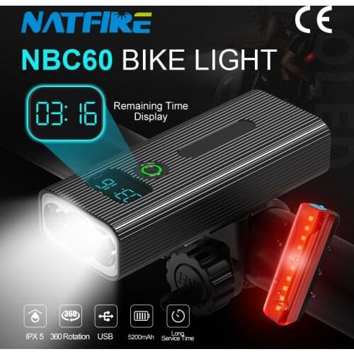 NATFIRE Digital Display Bike Light USB Rechargeable Bicycle Lighting Flashlight 3 Light Modes 7500K Up to 5-12 Hours Cycling