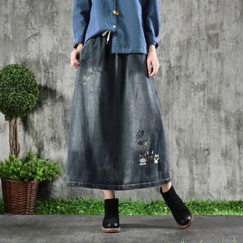 Plus Size Long Denim Skirts Women Vintage Cartoons Embroidery Elastic High Waist Cute Art Oversized Female Maxi Skirts Jeans