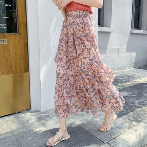 LIBERJOG Women Irregular Long Skirt Floral Chiffon Mid-long Ruffles Female Loose Slim Summer Cool Beachwear Female Plus Size