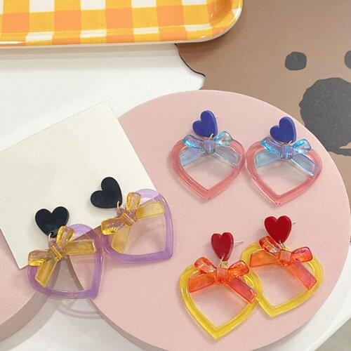 Summer Sweet Bowknot Heart Earrings for Women Vintage Acrylic Korean Fashion Teen Girl Dating Jewelry 2021 Wholesale Pendientes