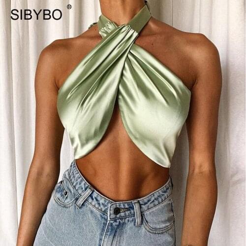 Sibybo Sexy Satin Sleeveless Crop Top Women Criss-cross Halter Backless White Vest Tees Summer Femme Outfits Short Tank Top 2021
