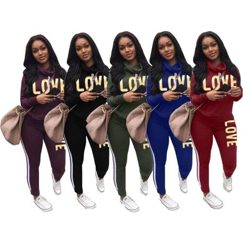 FNOCE 2020 autumn winter womens set tracksuits young fashion letter print long sleeve hoodies and slim trousers 2-pc set suits