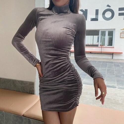 2021 Autumn Long Sleeve Slimming Dress Women Turtleneck Shrinked Suede Fitness Mini Dress High Quality Office Lady Women Clothes