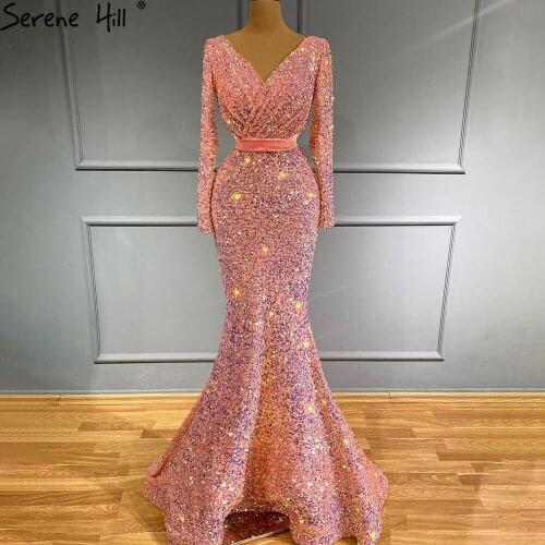 Serene Hill Dubai Luxury Pink Shining Mermaid Evening Gown 2021 Elegant Long Sleeves For Women Formal Party Dress CLA71342