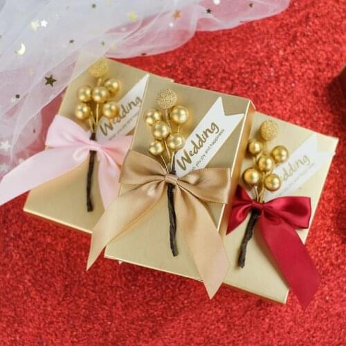 Gold Kraft Paper candy box Gift Boxes With Pear Flower Package wedding box Party Favor Candy Boxes With Ribbon Gues